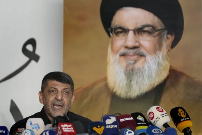 Hezbollah's chief spokesman Mohammed Afif speaks during a press conference