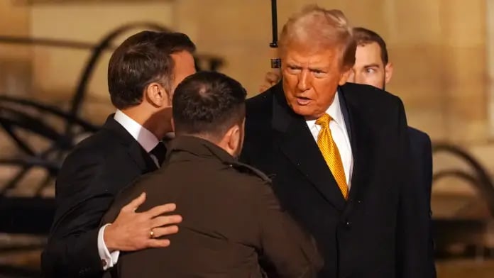 Macron, Trump, Zelensky, Ukraine tensions, diplomatic meeting, Notre Dame, international relations, US, France, Ukraine conflict, world leaders