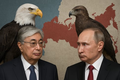 CEPA-Kazakhstan Russia relations, Tokayev, Putin, Kazakhstan, Russia, bald eagle, buzzard, geopolitical tension, CEPA, Central Asia politics, symbolic birds, Russia Kazakhstan relations, political contrast, international diplomacy, Eurasian influence, strategic rivalry