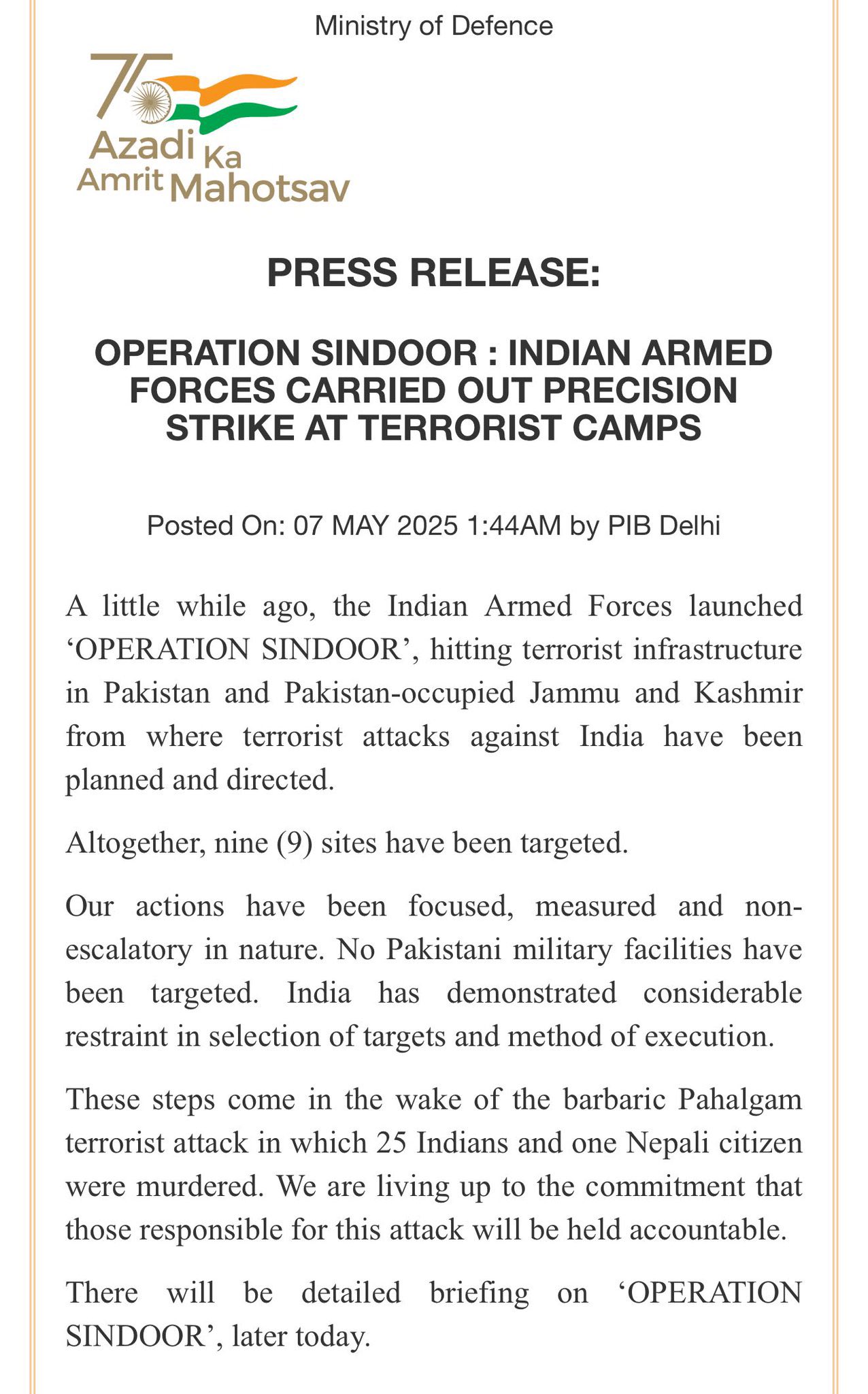 Press Release Operation Sindoor Operation Sindoor, Indian Air Force strike, Pakistan terror camps, Pahalgam attack retaliation, Indian military operation 2025, PIB Defence Press Release, cross-border strike India, India Pakistan conflict