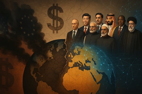 BRICS+ leaders, global power shift, de-dollarization, crumbling dollar, fading US EU influence, Xi Jinping, Vladimir Putin, Narendra Modi, Iran Saudi alliance, multipolar world, post-Western era, geopolitical realignment, digital trade networks, civilizational bloc, BRICS summit illustration, collapsing Western dominance, global south rising, alternative world order