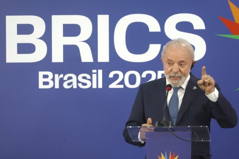 Lula da Silva speaking at the BRICS summit in Rio de Janeiro, denouncing foreign interference