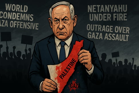 Benjamin Netanyahu holding a map of Palestine and Gaza with red markings, protest crowds and critical headlines in the background.