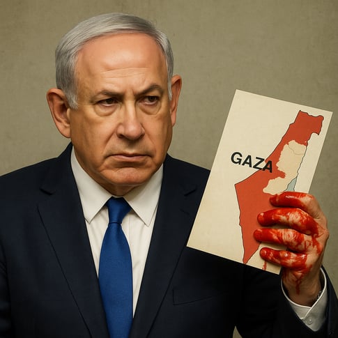 israeli prime minister benjamin netanyahu holding a blood-stained map of gaza