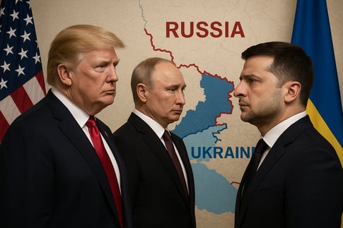 Donald Trump, Vladimir Putin, and Volodymyr Zelensky positioned before Russia-Ukraine border map with national flags ahead of Alaska summit.