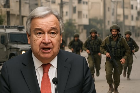 un chief antónio guterres speaking with israeli soldiers rushing toward gaza in the background