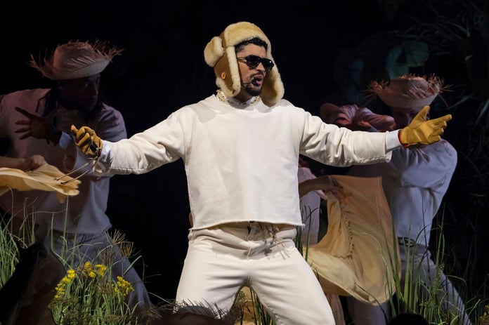 Bad Bunny performs on a packed stadium stage ahead of Super Bowl LX.