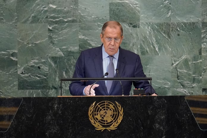 Sergei Lavrov at the United Nations after alleging NATO and the EU declared a “real war” on Russia