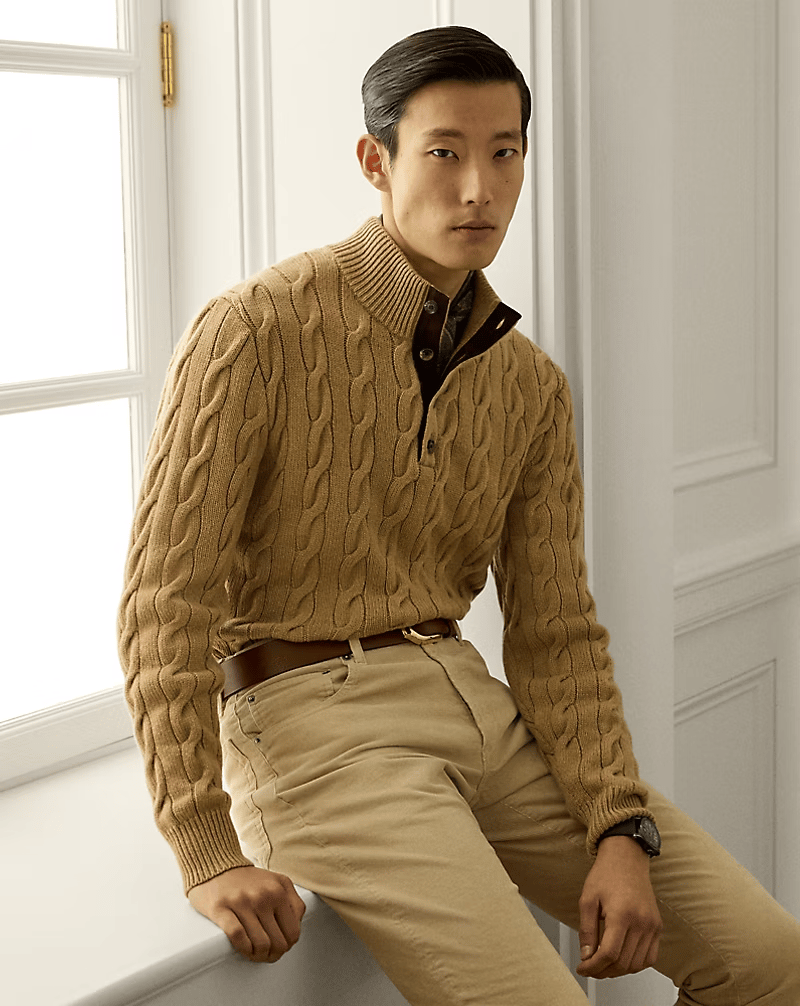 Ralph Lauren cable knit cashmere sweater and Ralph Lauren bear sweater iconic knitwear