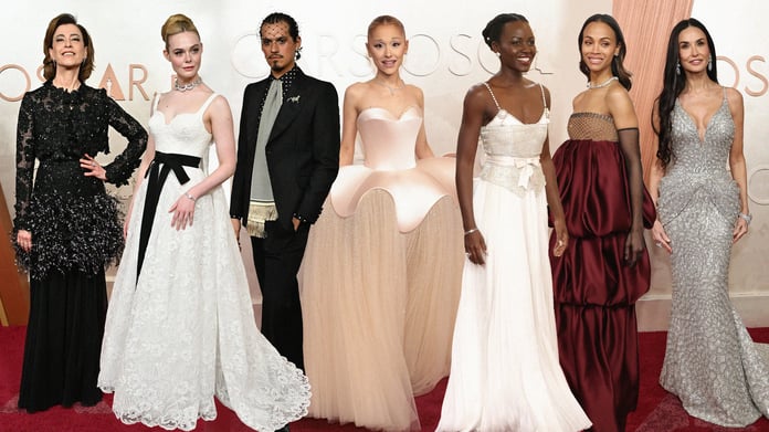 Celebrities walking the red carpet in elegant gowns and suits