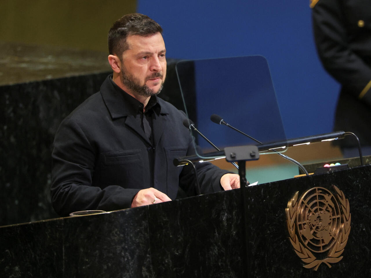 Volodymyr Zelenskyy speaks at the UN General Assembly in New York