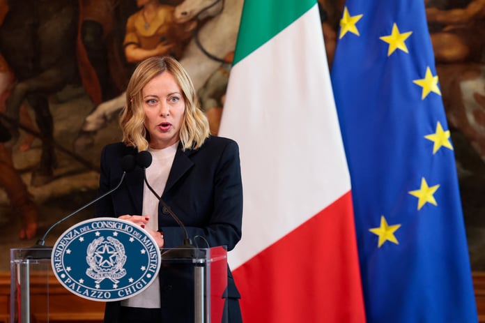 Giorgia Meloni speaks at a Rome press conference after saying an ICC complaint names her