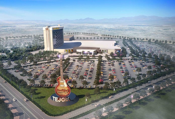 Aerial view of Hard Rock Casino Tejon with guitar sign along I-5 near Mettler