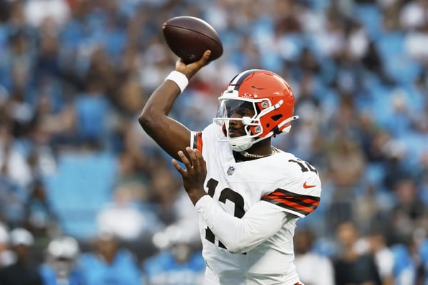 Shedeur Sanders in Cleveland Browns uniform during preseason game