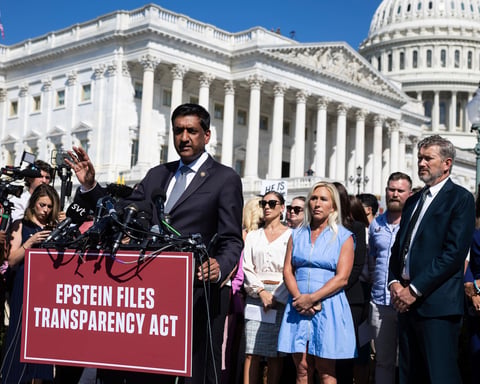 Rep. Ro Khanna and Rep. Thomas Massie speaking after filing a petition to force a House vote on releasing Jeffrey Epstein investigation files