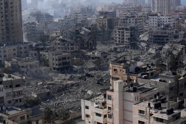 Destroyed residential building in Gaza City after Israeli airstrike November 2025