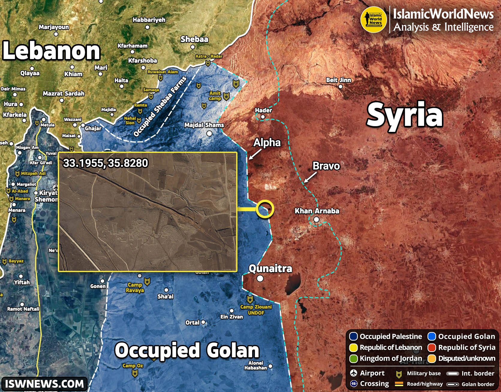 Map showing violated UN buffer zone in Golan Heights near Beit Jinn