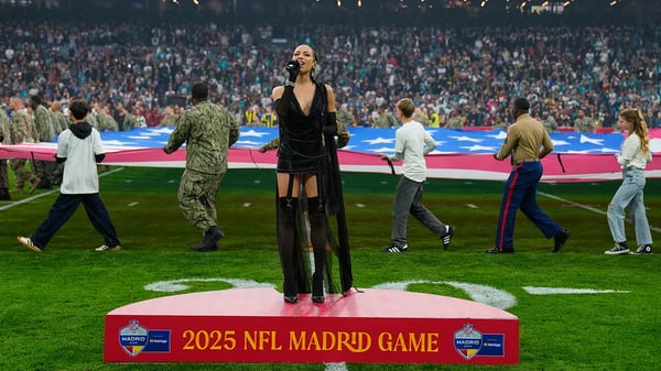 Karina Pasian singing the US national anthem at the 2025 NFL Madrid game