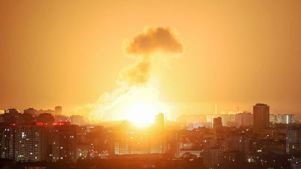 Kyiv Ukraine Russian drone attack night sky explosions day 1374 war