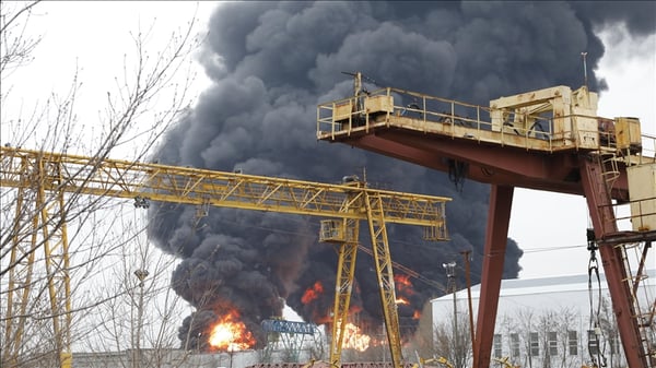 Flames engulf Rosneft Saratov oil refinery after Ukrainian drone strike on November 11, 2025, in Russia's Volga region