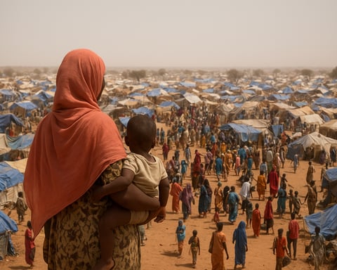 Sudanese refugee camp near El Fasher showing families, children, and tents amid humanitarian crisis