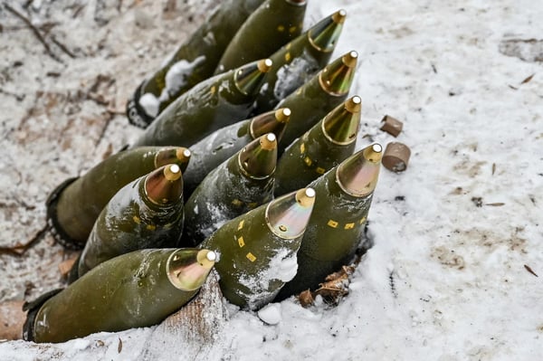 Russian military defensive positions along eastern Ukraine frontline with drones and artillery in winter