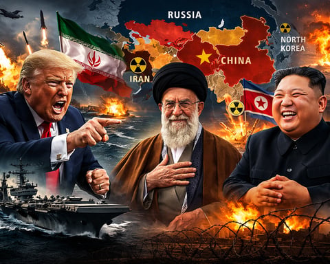 Donald Trump angry while Ayatollah Khamenei smiles and Kim Jong Un laughs in front of Asia nuclear map illustration