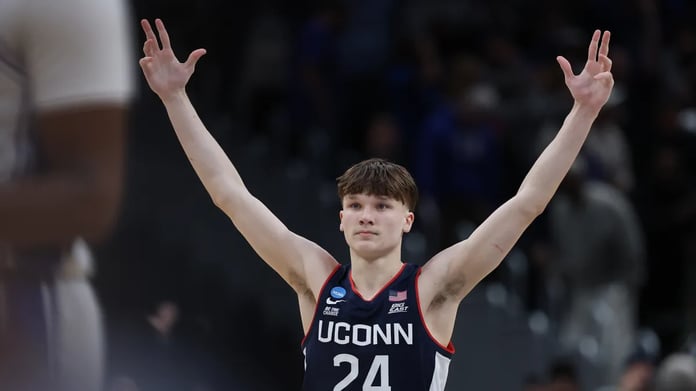 UConn freshman Braylon Mullins celebrates after his 35-foot buzzer-beater against Duke in the 2026 NCAA Tournament Elite Eight