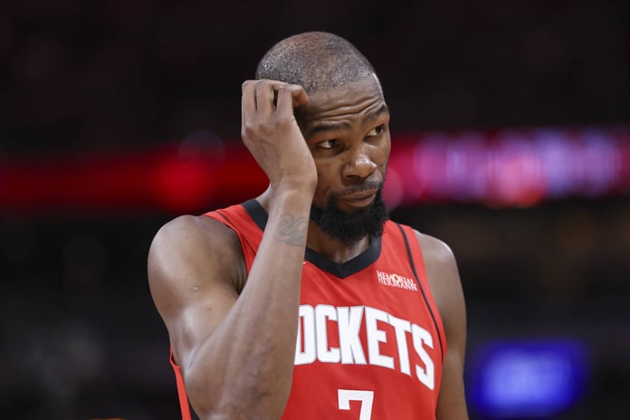 Kevin Durant reacts during Houston Rockets game amid burner account rumors