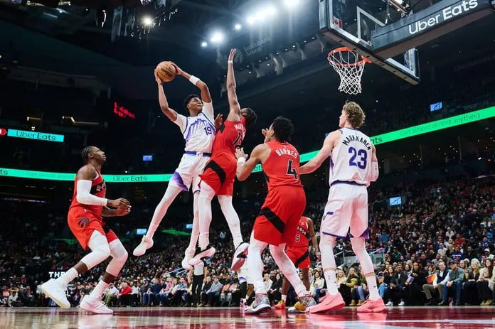 RJ Barrett scores during Toronto Raptors 122-92 win over Dallas Mavericks reaching 8000 NBA points