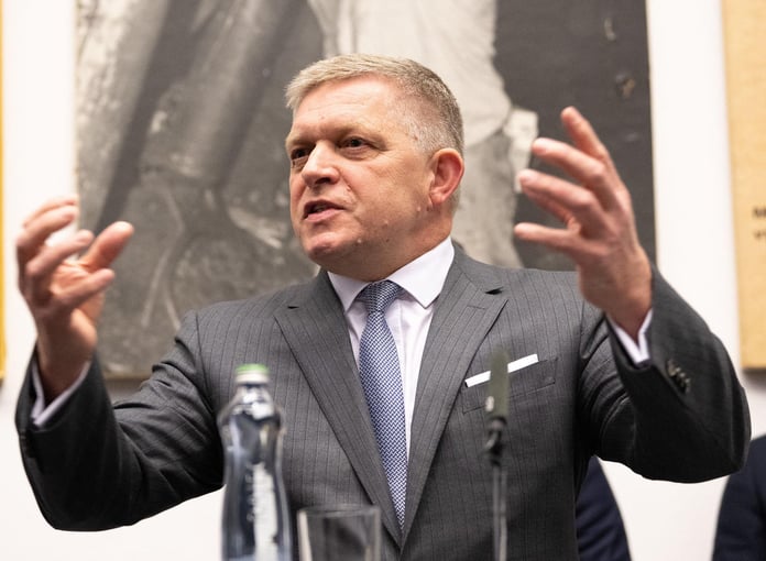 Slovak Prime Minister Robert Fico during press briefing on Ukraine aid dispute