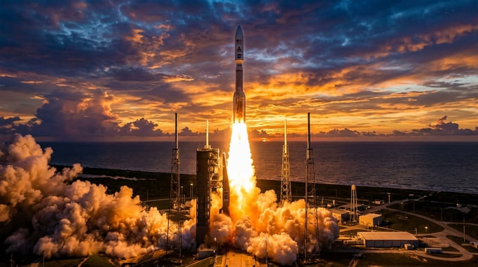 Atlas V rocket launching Amazon Kuiper satellites into orbit from Cape Canaveral