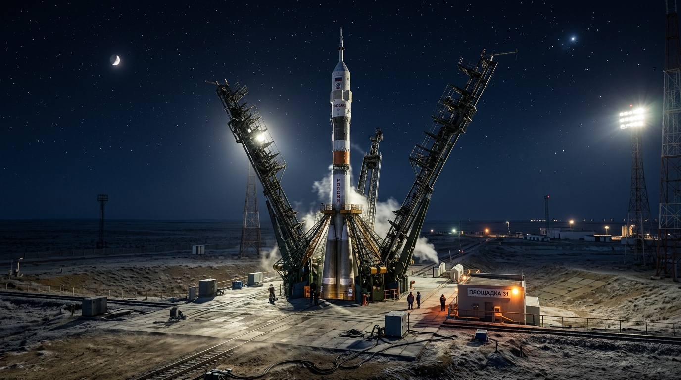Baikonur Cosmodrome Launch Operations Soyuz rocket on launch pad at Baikonur Cosmodrome preparing for ISS cargo mission