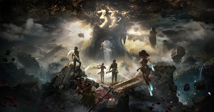 Clair Obscur Expedition 33 characters standing in surreal fantasy battlefield during anniversary celebration