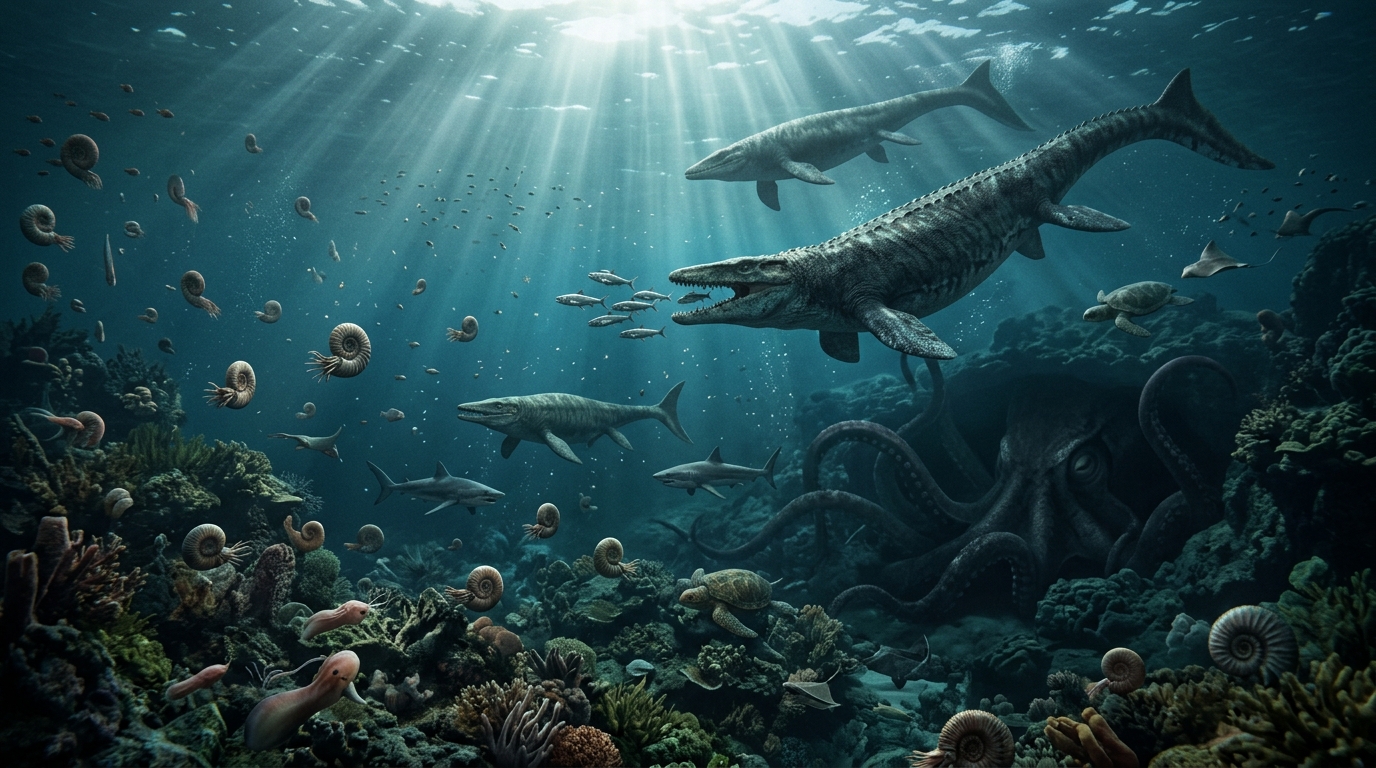 Cretaceous marine ecosystem with mosasaurs and giant octopus predator