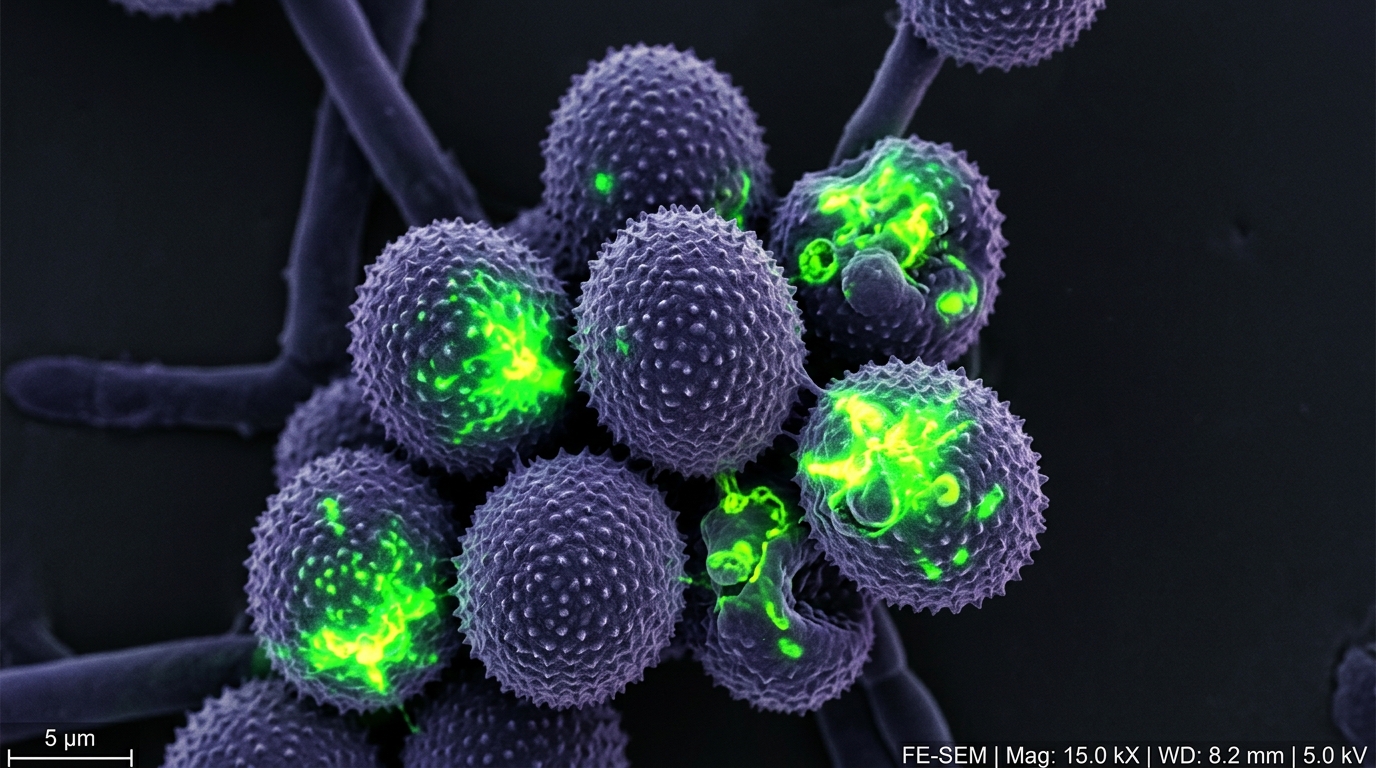 Fungal Spore Survival Under Space Simulation Microscopic view of fungal spores tested under space-like conditions