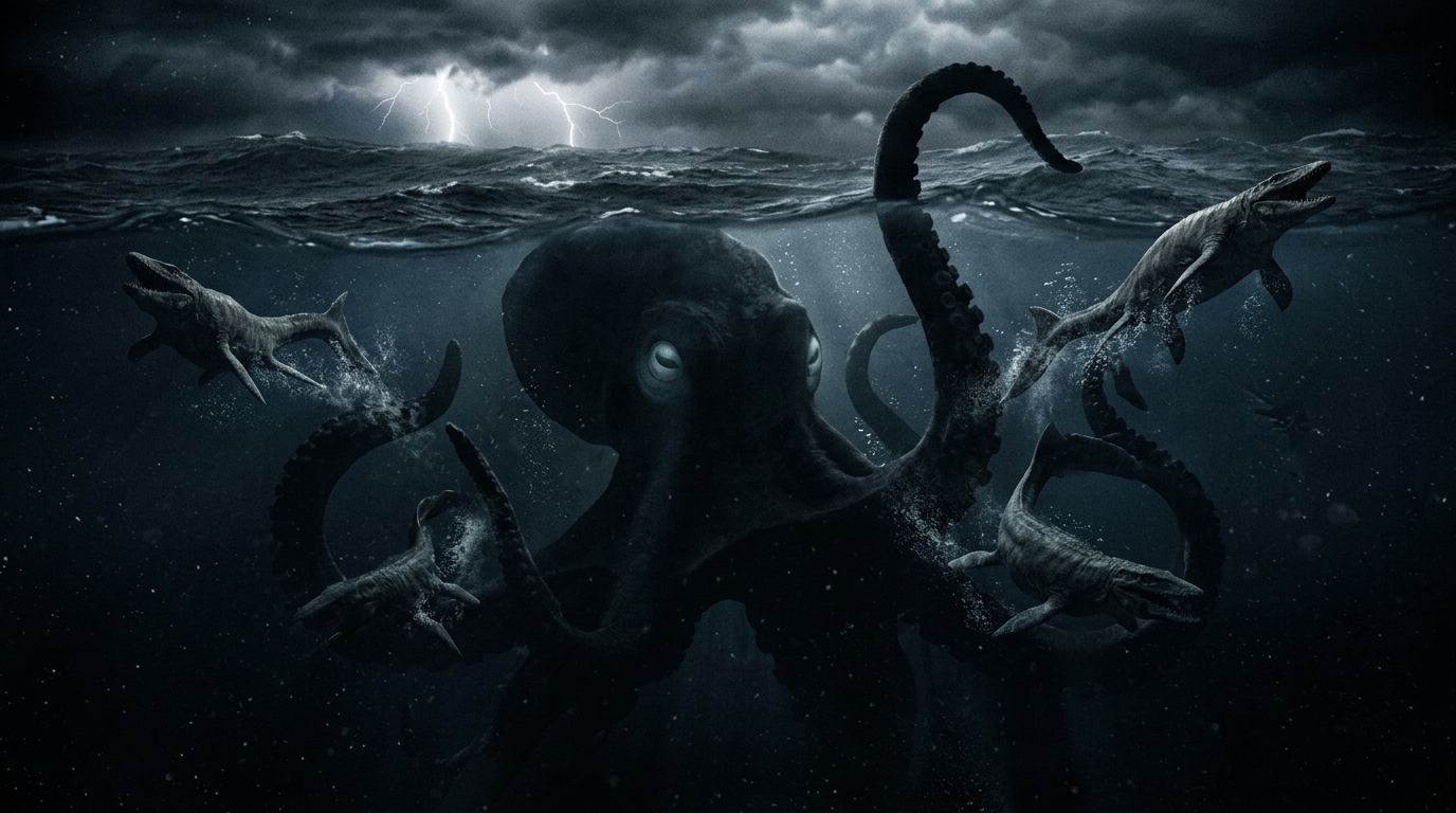 Size comparison between modern octopus and ancient Cretaceous giant octopus