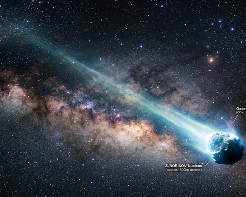 Interstellar comet 3I ATLAS traveling through deep space with glowing tail