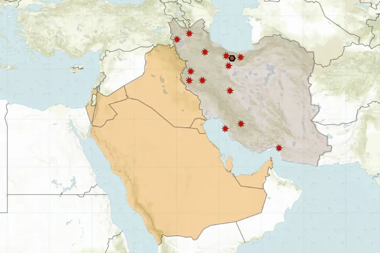 Escalating Conflict Across Middle East Map showing escalation zones in Iran Israel US conflict