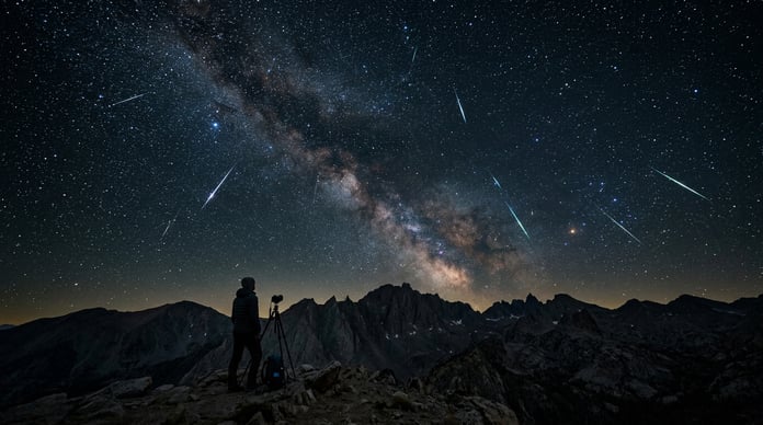 Lyrid meteor shower 2026 peak with bright shooting stars in dark night sky