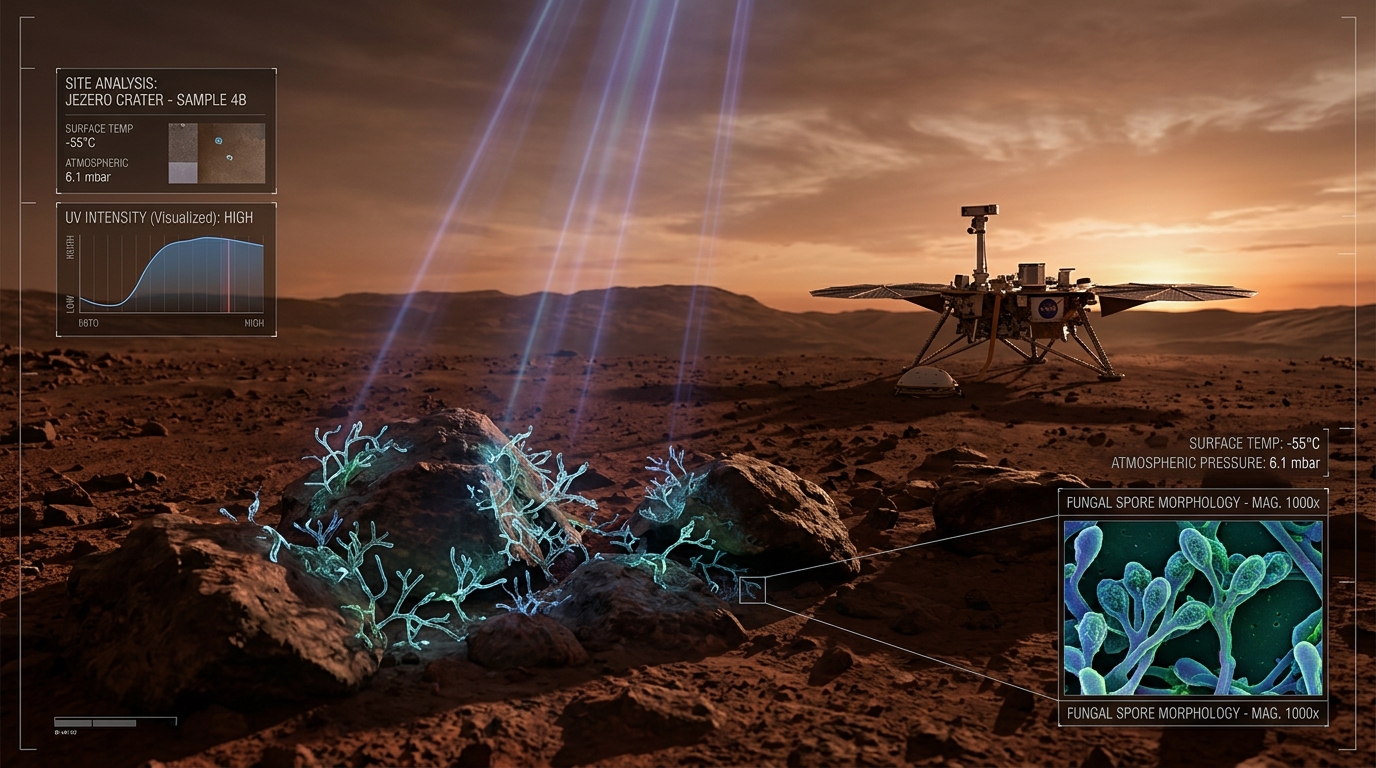 Potential Microbial Survival on Mars Surface Visualization of fungal spores surviving on Mars surface under radiation