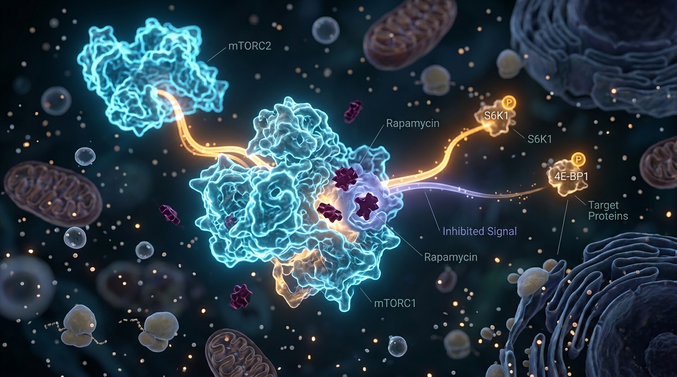 Diagram of mTOR pathway inhibited by rapamycin affecting muscle growth and metabolism