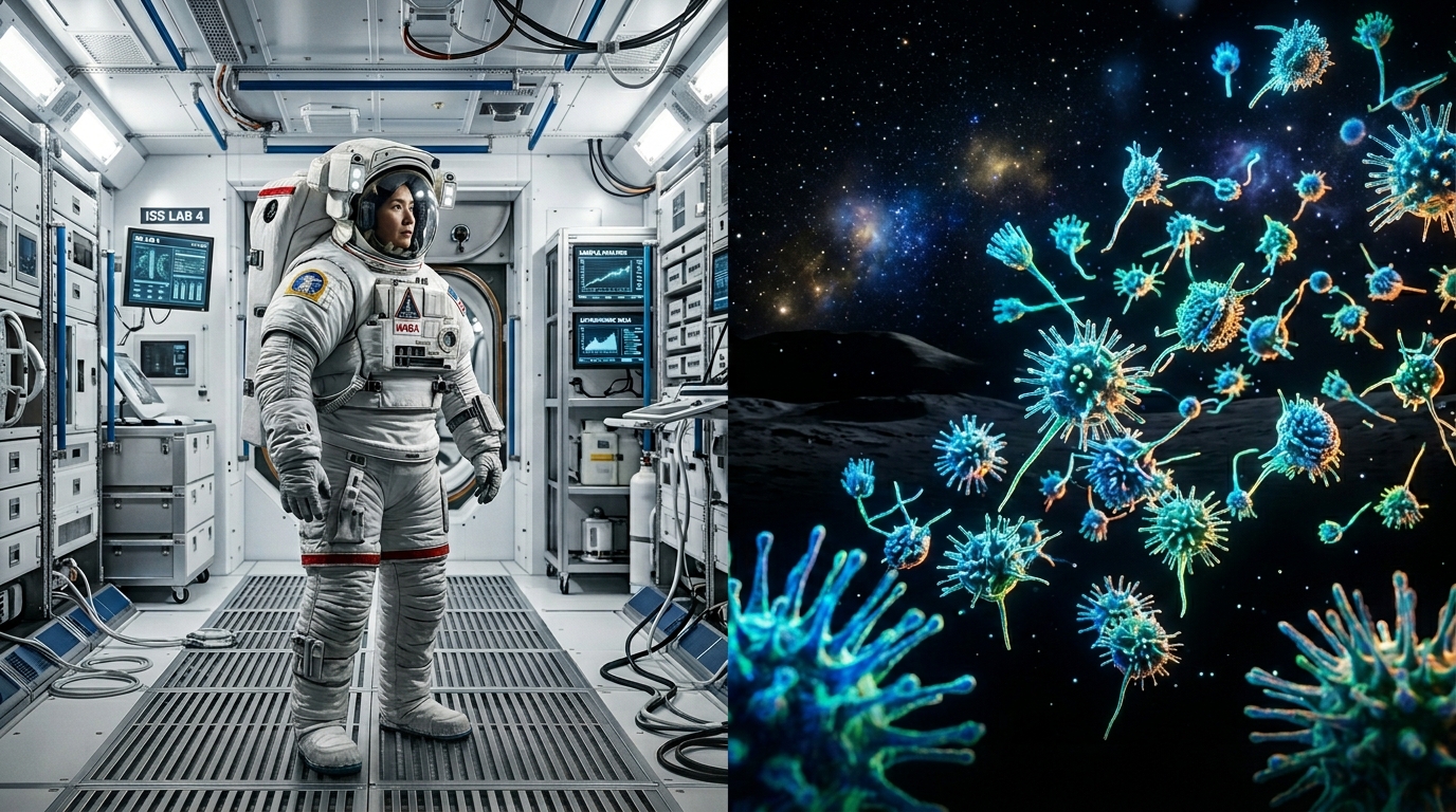 NASA Mars Contamination Risk Visualization Split image showing astronaut and glowing fungal spores representing space contamination risk