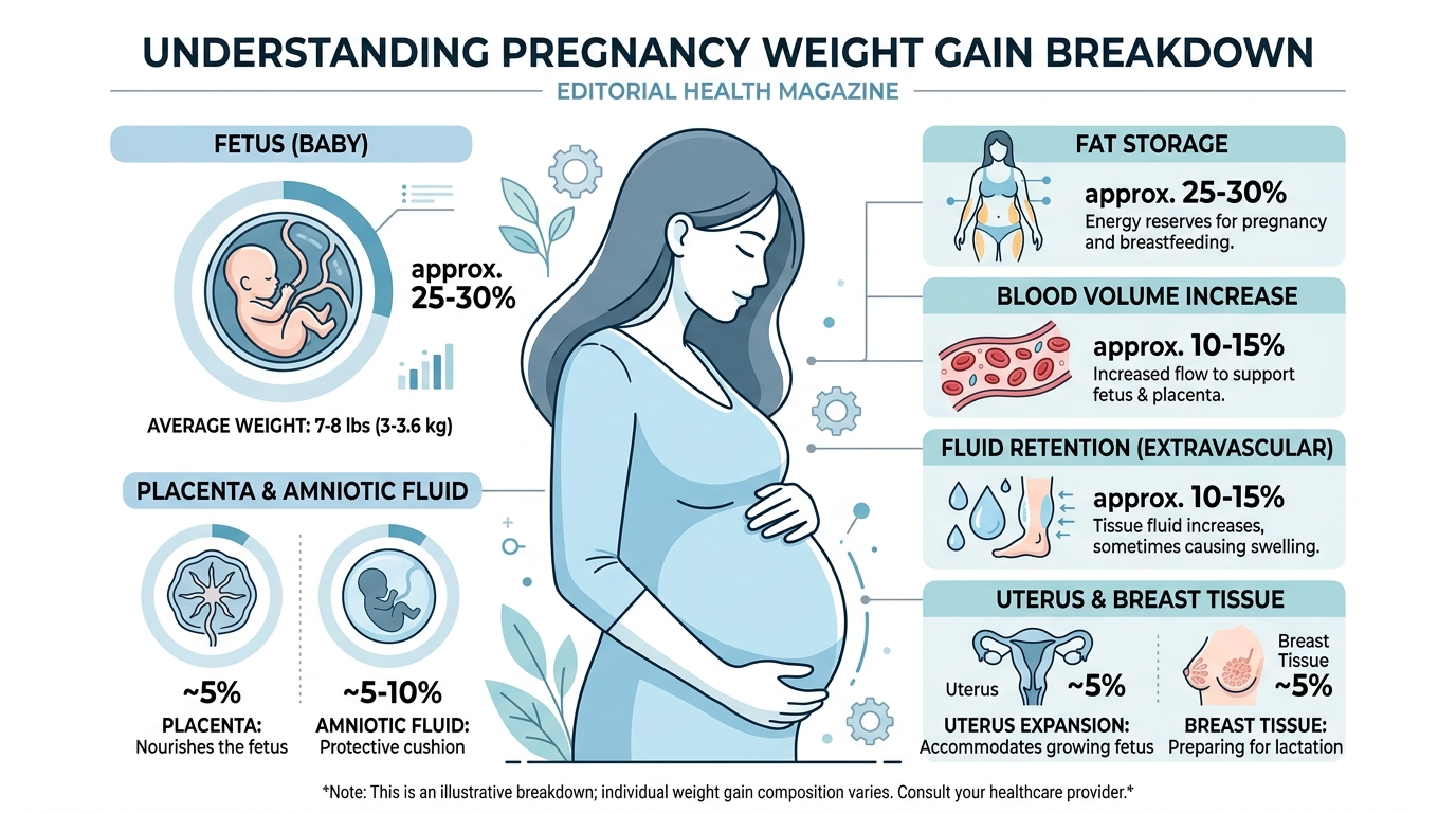 Medical infographic showing pregnancy weight gain components including fluid and fat
