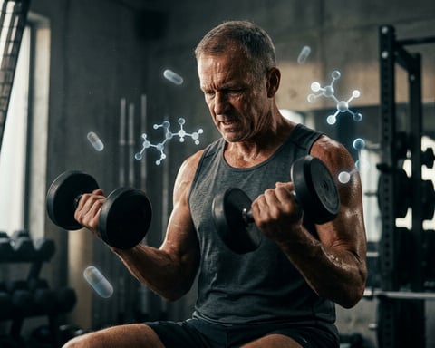 Older adult exercising with overlay of rapamycin drug concept illustrating reduced fitness gains