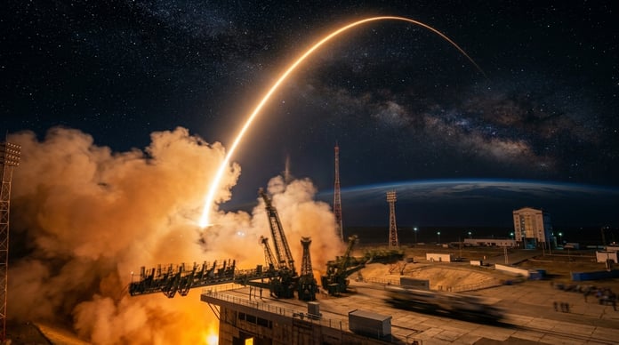 Soyuz rocket launching Progress MS-34 cargo spacecraft toward International Space Station from Baikonur Cosmodrome