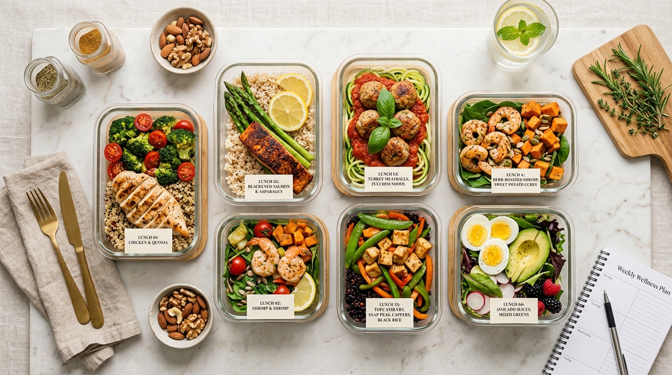 Structured diet meal plan showing portion-controlled healthy food containers