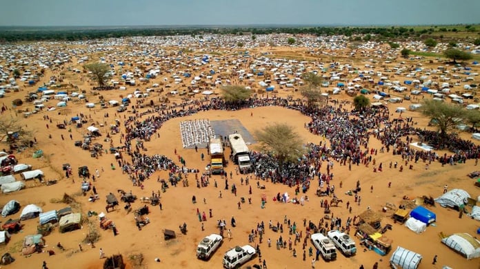 Displaced Sudanese civilians gather at a camp as famine spreads during the Sudan civil war in 2026