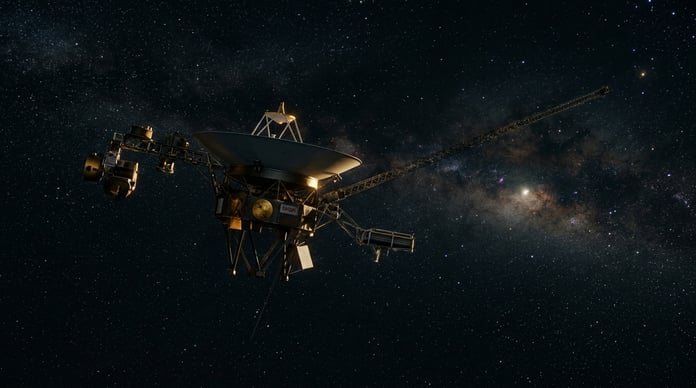 Voyager 1 spacecraft drifting in interstellar space far beyond the solar system representing NASA deep space mission endurance