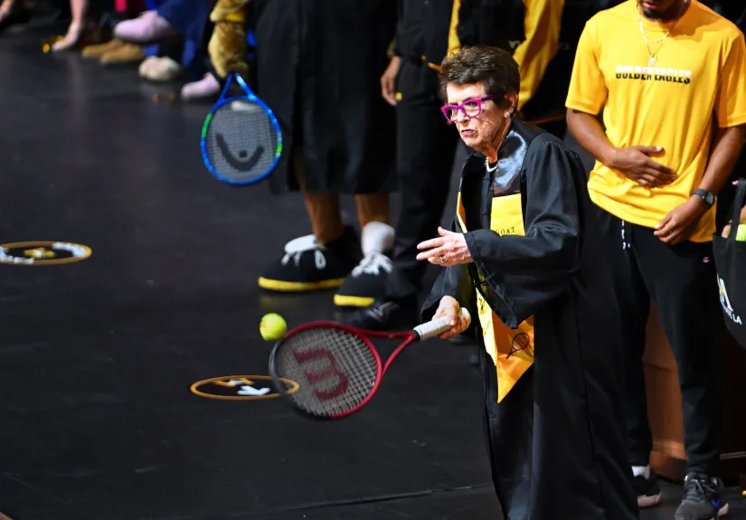 Billie Jean King Crossing Graduation Stage Billie Jean King walks across graduation stage during Cal State LA commencement ceremony